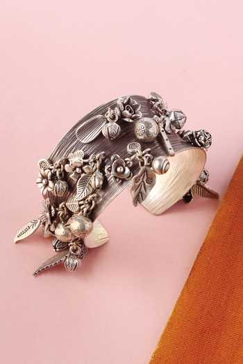 Buy_Mero Jewellery_Silver Plated Beads, Chains Handcrafted Floral Charm Designer Bangle _at_Aza_Fashions