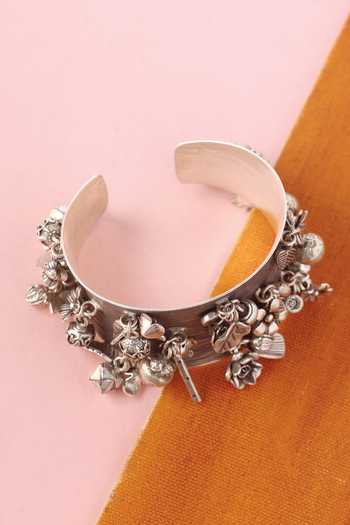 Shop_Mero Jewellery_Silver Plated Beads, Chains Handcrafted Floral Charm Designer Bangle _at_Aza_Fashions