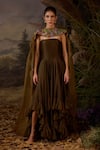 Buy_Samant Chauhan_Olive Green Silk, Organza Bandeau , Round Cotton And Gown & Cape Set _at_Aza_Fashions