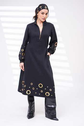 Buy_The Episode_Black Cotton, Fleece Mandarin Collar Plot Twist Grommet Embellished Dress _at_Aza_Fashions
