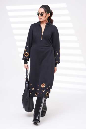 Shop_The Episode_Black Cotton, Fleece Mandarin Collar Plot Twist Grommet Embellished Dress 