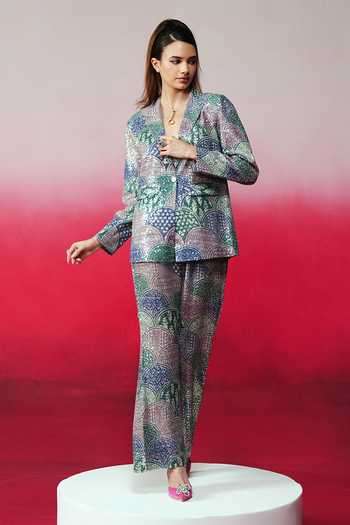 Rainas_Blue Georgette Sequins Work Blazer And Pant Set _Online_at_Aza_Fashions