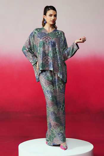 Rainas_Multi Color Georgette Sequins V-neck Pukkar Work Top And Pant Set _Online_at_Aza_Fashions