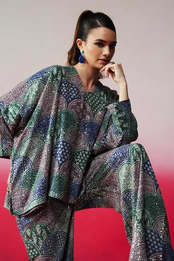 Buy_Rainas_Multi Color Georgette Sequins V-neck Pukkar Work Top And Pant Set _Online_at_Aza_Fashions