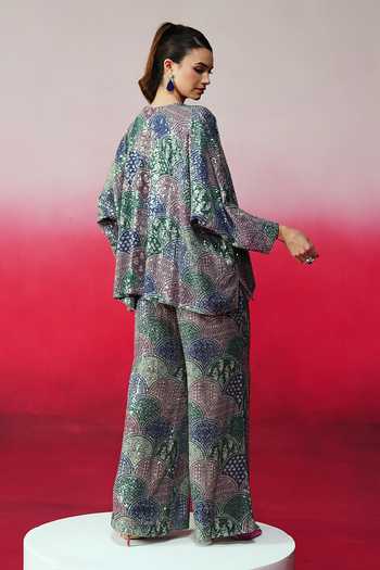 Shop_Rainas_Multi Color Georgette Sequins V-neck Pukkar Work Top And Pant Set _at_Aza_Fashions