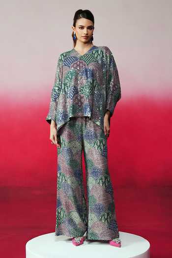 Shop_Rainas_Multi Color Georgette Sequins V-neck Pukkar Work Top And Pant Set _Online_at_Aza_Fashions