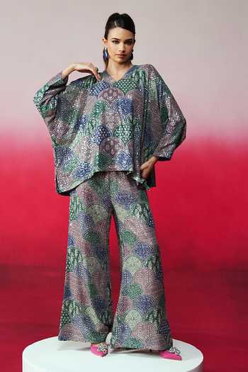 Buy_Rainas_Multi Color Georgette Sequins V-neck Pukkar Work Top And Pant Set _at_Aza_Fashions