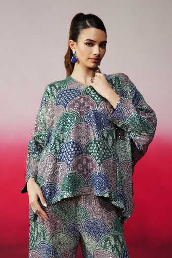 Buy_Rainas_Multi Color Georgette Sequins V-neck Pukkar Work Top And Pant Set 