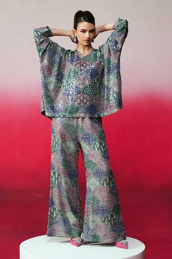 Rainas_Multi Color Georgette Sequins V-neck Pukkar Work Top And Pant Set _Online