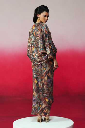 Shop_Rainas_Multi Color Georgette Sequins Surya Printed Top And Skirt Set _at_Aza_Fashions