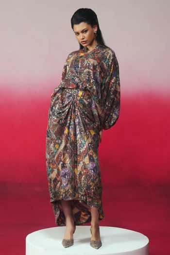 Rainas_Multi Color Georgette Sequins Surya Printed Top And Skirt Set _Online_at_Aza_Fashions