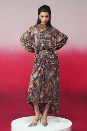 Buy_Rainas_Multi Color Georgette Sequins Surya Printed Top And Skirt Set _at_Aza_Fashions