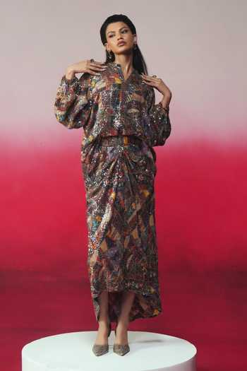 Buy_Rainas_Multi Color Georgette Sequins Surya Printed Top And Skirt Set _Online_at_Aza_Fashions