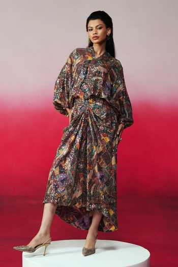 Rainas_Multi Color Georgette Sequins Surya Printed Top And Skirt Set _at_Aza_Fashions