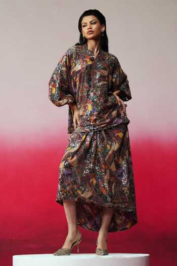 Buy_Rainas_Multi Color Georgette Sequins Surya Printed Top And Skirt Set 