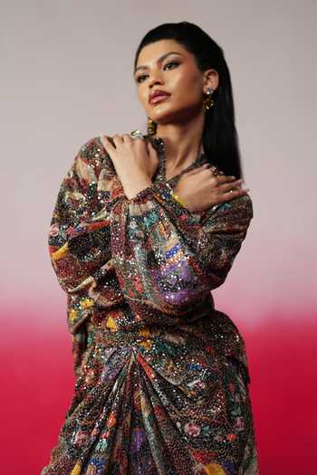 Shop_Rainas_Multi Color Georgette Sequins Surya Printed Top And Skirt Set 