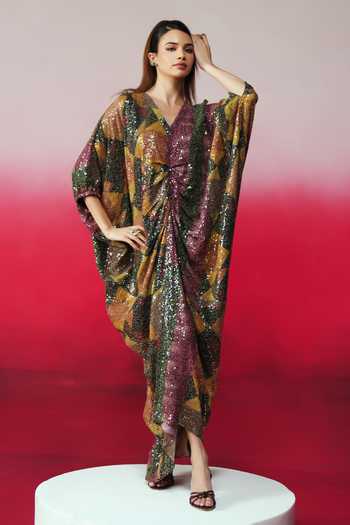Buy_Rainas_Multi Color Georgette Sequins V-neck Badshah Work Print Kaftan _Online_at_Aza_Fashions