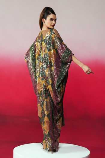 Shop_Rainas_Multi Color Georgette Sequins V-neck Badshah Work Print Kaftan _at_Aza_Fashions