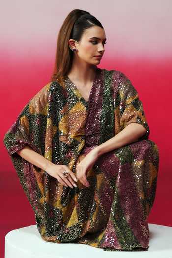 Rainas_Multi Color Georgette Sequins V-neck Badshah Work Print Kaftan _at_Aza_Fashions