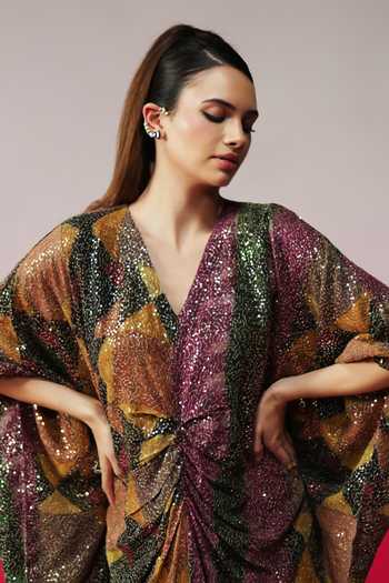 Buy_Rainas_Multi Color Georgette Sequins V-neck Badshah Work Print Kaftan 