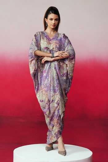 Rainas_Purple Georgette Sequins V-neck Jazbaa Work And Printed Kaftan _Online_at_Aza_Fashions