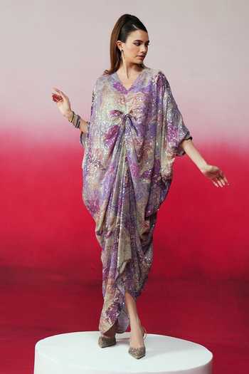 Buy_Rainas_Purple Georgette Sequins V-neck Jazbaa Work And Printed Kaftan _Online_at_Aza_Fashions