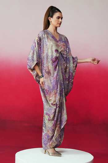 Shop_Rainas_Purple Georgette Sequins V-neck Jazbaa Work And Printed Kaftan _Online_at_Aza_Fashions