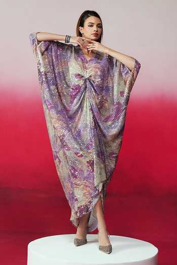 Buy_Rainas_Purple Georgette Sequins V-neck Jazbaa Work And Printed Kaftan _at_Aza_Fashions