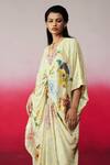 Rainas_Yellow Georgette Sequins V-neck Sheesh Mahal Work And Printed Kaftan _Online_at_Aza_Fashions