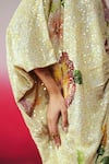 Rainas_Yellow Georgette Sequins V-neck Sheesh Mahal Work And Printed Kaftan _Online