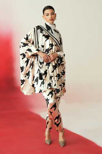 Shop_Rainas_Off White Velvet Mandarin Collar Abstract Print Tunic Set _at_Aza_Fashions
