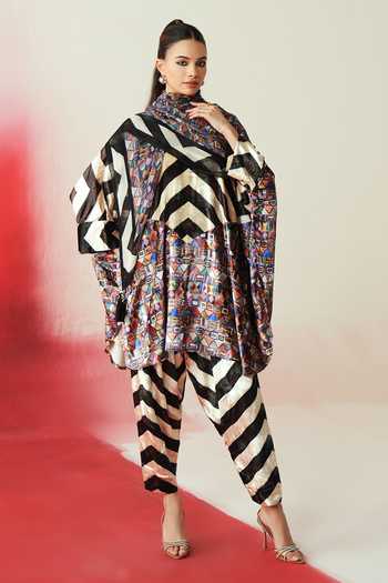 Buy_Rainas_Multi Color Velvet High Neck Printed Tunic Set _at_Aza_Fashions