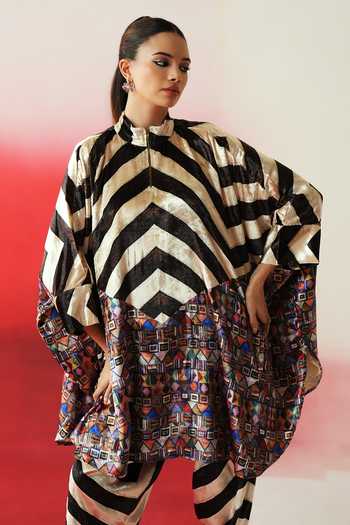 Rainas_Multi Color Velvet High Neck Printed Tunic Set _at_Aza_Fashions