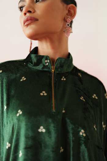 Rainas_Green Velvet Mandarin Collar Printed Kaftan Pant Set _Online_at_Aza_Fashions