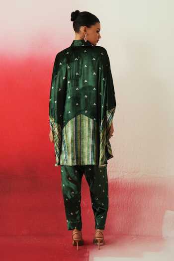 Shop_Rainas_Green Velvet Mandarin Collar Printed Kaftan Pant Set _at_Aza_Fashions