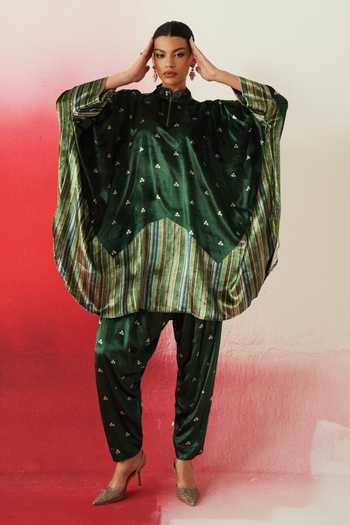 Buy_Rainas_Green Velvet Mandarin Collar Printed Kaftan Pant Set _at_Aza_Fashions