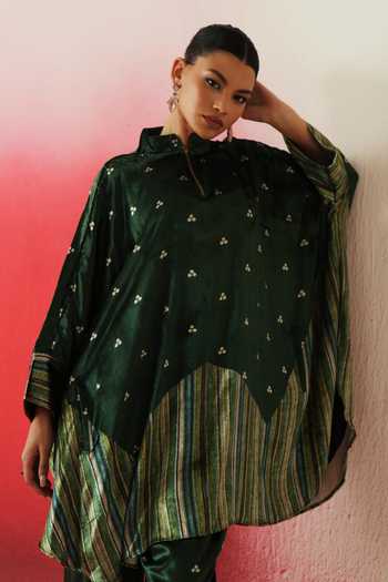 Shop_Rainas_Green Velvet Mandarin Collar Printed Kaftan Pant Set _Online