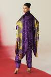Shop_Rainas_Purple Velvet Sequins, Tassels Mandarin Collar Printed Asymmetric Kaftan Set _at_Aza_Fashions