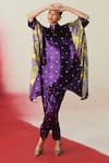 Shop_Rainas_Purple Velvet Sequins, Tassels Mandarin Collar Printed Asymmetric Kaftan Set _Online_at_Aza_Fashions