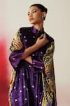 Rainas_Purple Velvet Sequins, Tassels Mandarin Collar Printed Asymmetric Kaftan Set _at_Aza_Fashions
