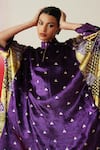 Buy_Rainas_Purple Velvet Sequins, Tassels Mandarin Collar Printed Asymmetric Kaftan Set 