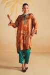 Buy_Rainas_Rust Satin Tassels Mandarin Collar Desert Dot Print Kurta Set _at_Aza_Fashions