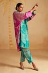 Rainas_Turquoise Satin, Silk Zari V-neck Neelraas Printed Kurta Pant Set _Online_at_Aza_Fashions
