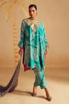 Buy_Rainas_Turquoise Satin, Silk Zari V-neck Neelraas Printed Kurta Pant Set _at_Aza_Fashions