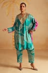 Rainas_Turquoise Satin, Silk Zari V-neck Neelraas Printed Kurta Pant Set _at_Aza_Fashions