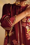 Buy_Rainas_Maroon Satin, Organza Zari, Tassels Round Neck Dewrose Printed Kurta Pant Set _Online_at_Aza_Fashions