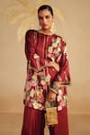 Shop_Rainas_Maroon Satin, Organza Zari, Tassels Round Neck Dewrose Printed Kurta Pant Set _Online_at_Aza_Fashions