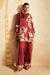 Rainas_Maroon Satin, Organza Zari, Tassels Round Neck Dewrose Printed Kurta Pant Set _at_Aza_Fashions