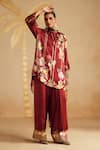 Buy_Rainas_Maroon Satin, Organza Zari, Tassels Round Neck Dewrose Printed Kurta Pant Set 