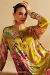 Rainas_Yellow Satin, Silk Round Neck Mintora Printed Kurta Pant Set _at_Aza_Fashions